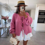 outfit ideas for school round Neck Lace-up Knitted Cardigan Coat 2024 Autumn and Winter New Pure Color Commuter Simple Sweater for Women