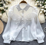 korean fashion Design Sense Niche Shirt Women's New Three-Dimensional Butterfly Embroidered Puff Sleeve Versatile Slimming Mesh Top Fashion