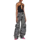 90s streetwear Street Hipster New Fashion Smoky Gray Stitching Multi-Pocket Overalls Street Washed Distressed Long Wide-Leg Pants