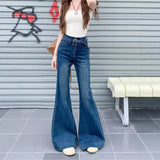 hipster American New High Waist Micro Horn Denim Trousers Women's Belt Design Wide Foot Mopping Horseshoe Pants