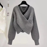 casual fall outfits Cross V-neck Anke Lei Wear New Irregular Knitted Top Short Red Bottoming Shirt Winter Sweater for Women