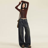  Retro Waste Soil Style Wide-Leg Jeans Women's Autumn New High Waist Loose Slimming Straight Lazy Draping Mop Pants