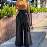 black fashion urban Women's Fashion High Waist Pants Ins Style PU Leather Pants Nightclub Metal Belt Wide Leg Pants