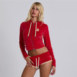 y2k 2024 Autumn and Winter New Sexy Navel Hooded Top High Waist Hip Strap Shorts Suit