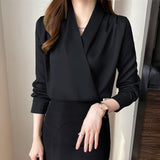 business casual outfits Western Style Professional Shirt Women's Spring and Autumn Niche Cross Collar Long Sleeve Satin Top