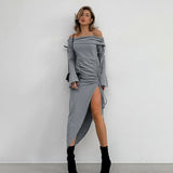 Fashionkova storm costume Gray Knitted off-Neck Tube Top Dress Women's Clothing 2024 Autumn and Winter Slim Flared Sleeve Sheath Bottoming Skirt