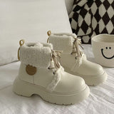 shoes Snow Boots Women's Winter 2024 Preppy Style Leather Shoes Fleece-lined Martin Boots Thick Bottom Warm Big Head Ugly Cute Cotton Shoes