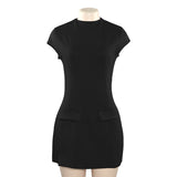uniforms dress to impress Summer New Solid Color round Neck Slim Fit Stitching Short Sleeve Sexy High Waist Short Dress