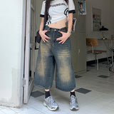 Fashionkova 90s streetwear Wide Leg Cropped Jeans Spring and Summer Vintage Washed Distressed American High Street Loose Straight Pants Men's and Women's Shorts Fashion