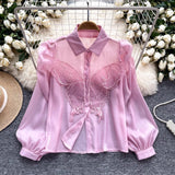 korean fashion Design Sense Niche Shirt Women's New Three-Dimensional Butterfly Embroidered Puff Sleeve Versatile Slimming Mesh Top Fashion