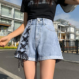 coachella valley music festival Denim Shorts Women's Summer High Waist Double Buckle Strap Flanging Versatile Trendy Korean Style Internet Celebrity Fashion Light Color New