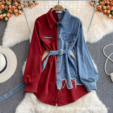 2024 fall fashion trends Denim Stitching Lapel Dress Spring and Autumn New Waist Slimming Irregular Mid-Length Shirt