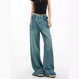 y2k outfits American Retro Jeans Women's Design Sense Niche Lace Loose Slimming Straight Mop Wide-Leg Pants 863dd