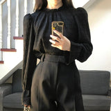 classy outfits men Yujie Style Texture Long-Sleeved Shirt Suit Women's Autumn High Waist Straight Wide-Leg Pants Elegant Black Lantern Sleeve Top