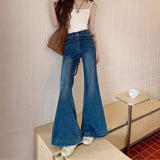 hipster American New High Waist Micro Horn Denim Trousers Women's Belt Design Wide Foot Mopping Horseshoe Pants