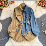 2024 fall fashion trends Denim Stitching Lapel Dress Spring and Autumn New Waist Slimming Irregular Mid-Length Shirt