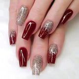 women’s fall fashion 2024 Flash Gold Pink Wine Red Bridal Manicure Mid-Length Fake Nails Holiday New Year Wear Nail Ins Style