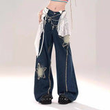  High Waist Ripped Star Patch Jeans Women's Summer Sweet Cool Hot Girl Slimming Straight Wide Leg Trousers