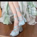 shoes Pink Cross Strap High Heels Chunky Heel Girl Ballet Style Shoes outside Wear French Elegant Satin Lolita Single Shoes