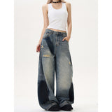 y2k Stitching Deconstruction Ripped Spray-Painted Distressed Jeans for Women Spring and Autumn New Loose Curved Knife Wide-Leg Draping Long Pants