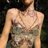 Fashionkova y2k Trendy Embroidered Butterfly Stitching Metal Crystal Ornaments Ultra Short Camisole