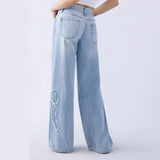 jeans New American-Style Embroidered Side Frayed Butterfly Jeans Women's High Street Design Hot Girl Loose Straight Pants