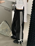 korean fashion Design Bow Side Striped Casual Pants Women's Autumn 2024 New High Waist Loose Slimming Wide Leg Long Pants