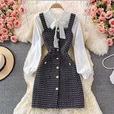 dress to impress codes Autumn Chanel Style Socialite Elegant Bow Lace-up Shirt Two-Piece Suit Tweed Plaid Sling Dress