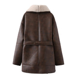 fall outfits Autumn and Winter New American Street Fashion Elegant Contrast Color Design Faux Leather Jacket Warm Lace-up Mid-Length Cotton-Padded Jacket