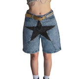 outfit ideas for school Women's Street Fashion Loose Contrast Color Five-Pointed Star Patch Denim Middle Pants