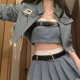 korean fashion Sweet Cool Hot Girl American Retro Denim Suit Spring and Summer Short Coat Tube Top High Waist Pleated Skirt Pure Desire Suit