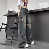 fall outfits 2024 INS Trendy Metal Buckle Stitching Autumn Hollow Ripped Jeans Distressed Loose Pants for Men and Women