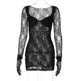 funky yellow sunglasses INS Style Hot-Selling Sexy Transparent Sexy Chest-Wrapped Long-Sleeved Gloves Body Shaping Hip-Wrapped Lace Dress Women