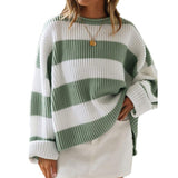 Fashionkova college outfits Women's Elegant round Neck Long-Sleeved Sweater Autumn and Winter New Striped Loose Casual Sweater Top