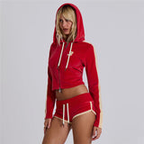 y2k 2024 Autumn and Winter New Sexy Navel Hooded Top High Waist Hip Strap Shorts Suit