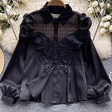 korean fashion Design Sense Niche Shirt Women's New Three-Dimensional Butterfly Embroidered Puff Sleeve Versatile Slimming Mesh Top Fashion