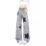 school fits highschool American Retro Star Jeans for Women Spring and Summer 2024 New High Waist Loose Straight Casual Wide Leg Pants for Women