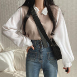 social worker outfits Fake Two-Piece Casual Long-Sleeved T-shirt for Women New Korean Style Loose Contrast Color Style