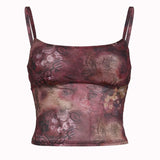 90s streetwear American Street Sexy Vintage Printed Mesh See-through Vest Hot Girl Waist-Tight Short Chest-Flattering Music Festival Sling