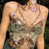 y2k Trendy Embroidered Butterfly Stitching Metal Crystal Ornaments Ultra Short Camisole