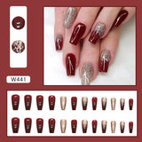 women’s fall fashion 2024 Flash Gold Pink Wine Red Bridal Manicure Mid-Length Fake Nails Holiday New Year Wear Nail Ins Style