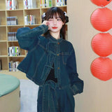 Fashionkova 1980s fashion trends New Chinese Style Denim Suit Women's Spring Clothes with a Set of Fashionable Western Style Split Wide-Leg Pants Two-Piece Suit