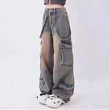 y2k Jeans Women's Autumn Dopamine Wear Retro Distressed Large Pocket Design Straight Trousers