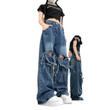 y2k outfits Jeans Women's Spring Dopamine Wear Retro Personality Love Strap Design Sense Wide Leg Straight Long Pants