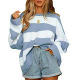 Fashionkova college outfits Women's Elegant round Neck Long-Sleeved Sweater Autumn and Winter New Striped Loose Casual Sweater Top