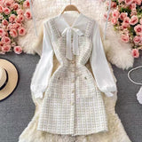 dress to impress codes Autumn Chanel Style Socialite Elegant Bow Lace-up Shirt Two-Piece Suit Tweed Plaid Sling Dress