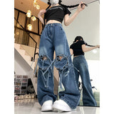 y2k outfits Jeans Women's Spring Dopamine Wear Retro Personality Love Strap Design Sense Wide Leg Straight Long Pants