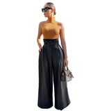 black fashion urban Women's Fashion High Waist Pants Ins Style PU Leather Pants Nightclub Metal Belt Wide Leg Pants