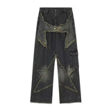 y2k outfits Niche Original Design Stitching Jeans Niche Design Retro Vintage Frayed Star Straight Pants