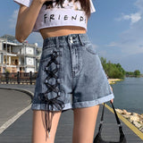 coachella valley music festival Denim Shorts Women's Summer High Waist Double Buckle Strap Flanging Versatile Trendy Korean Style Internet Celebrity Fashion Light Color New